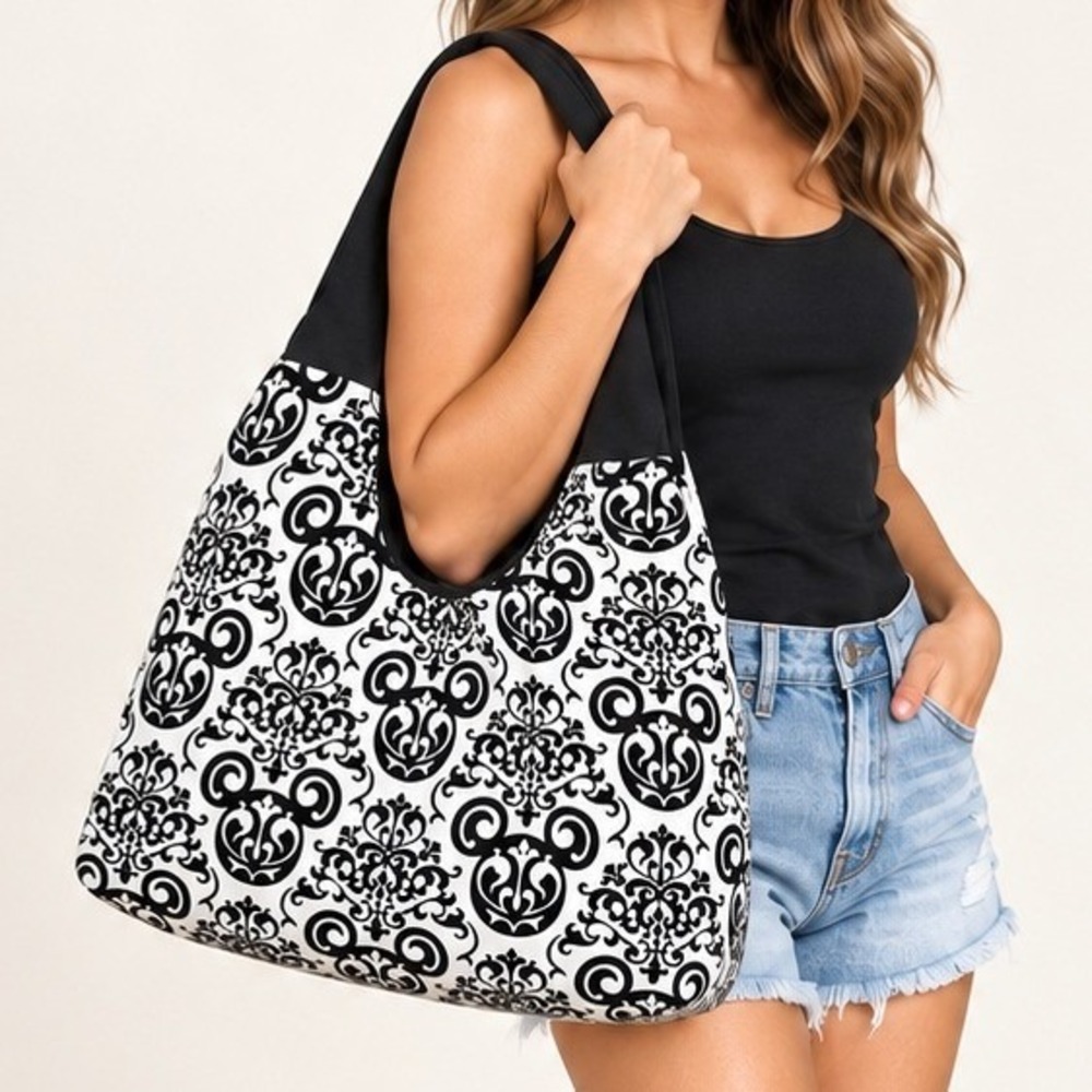 Disney Damask Mickey Mouse Hobo Bag Large Black White Canvas Tote Travel